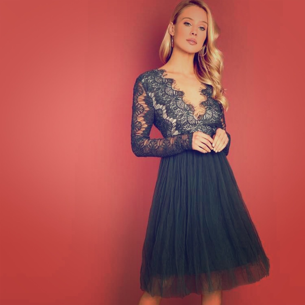 Plunging Eyelash Lace Bodice Tulle Shein Dress L